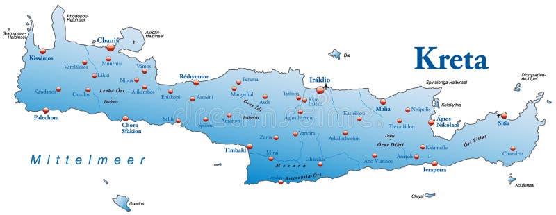 μπλε βασικός χάρτης της Κρήτης πόλεων